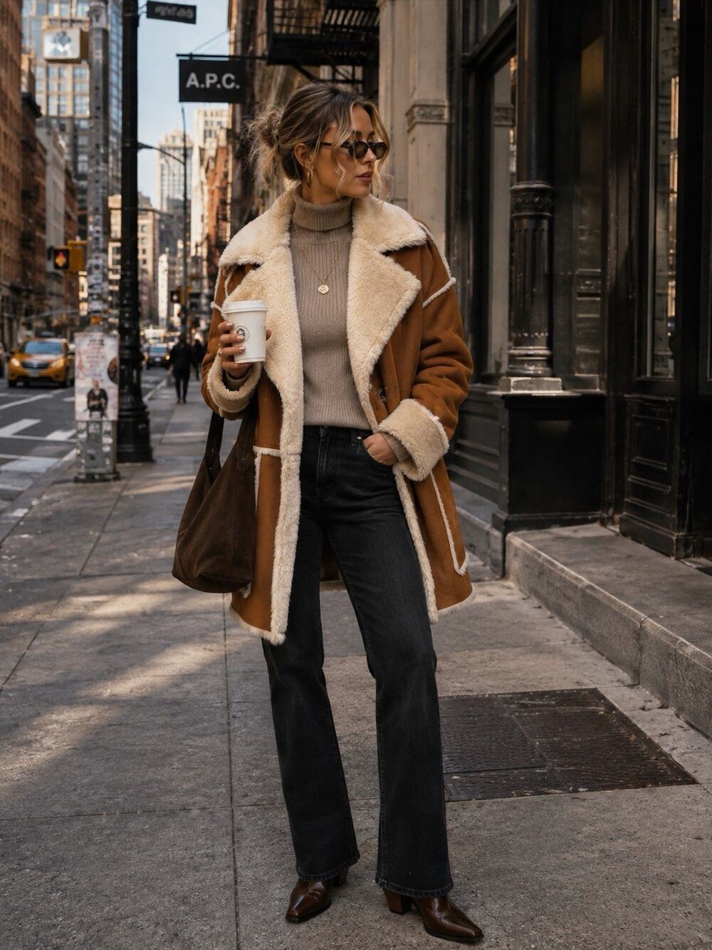 Forever 21 Faux Suede Shearling Aviator Jacket Brown Cream Y2K Boho Sz S
